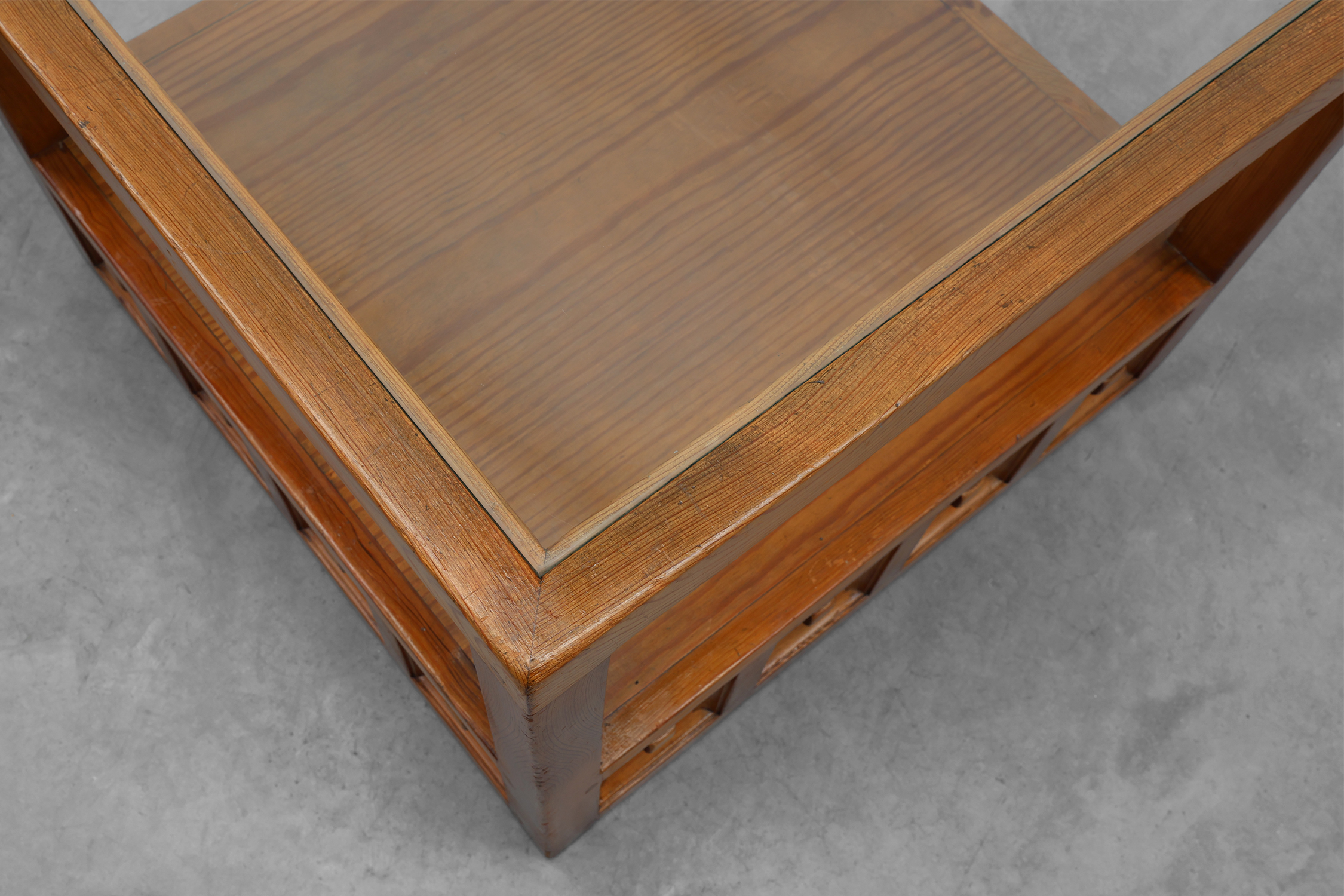 Pair geographical designed square Biosca coffee tables in pine wood, Spain 1960sthumbnail